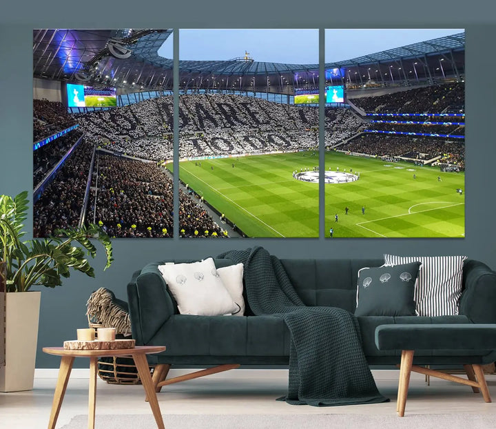 The Tottenham Hotspur Stadium Match Day Triple Canvas Wall Art - Premier League Football perfectly captures a vibrant stadium crowd spelling out "Dare" with cards, overlooking the soccer field. This piece embodies the essence of a true football enthusiast's space, reminiscent of thrilling moments at the Tottenham Hotspur Stadium.