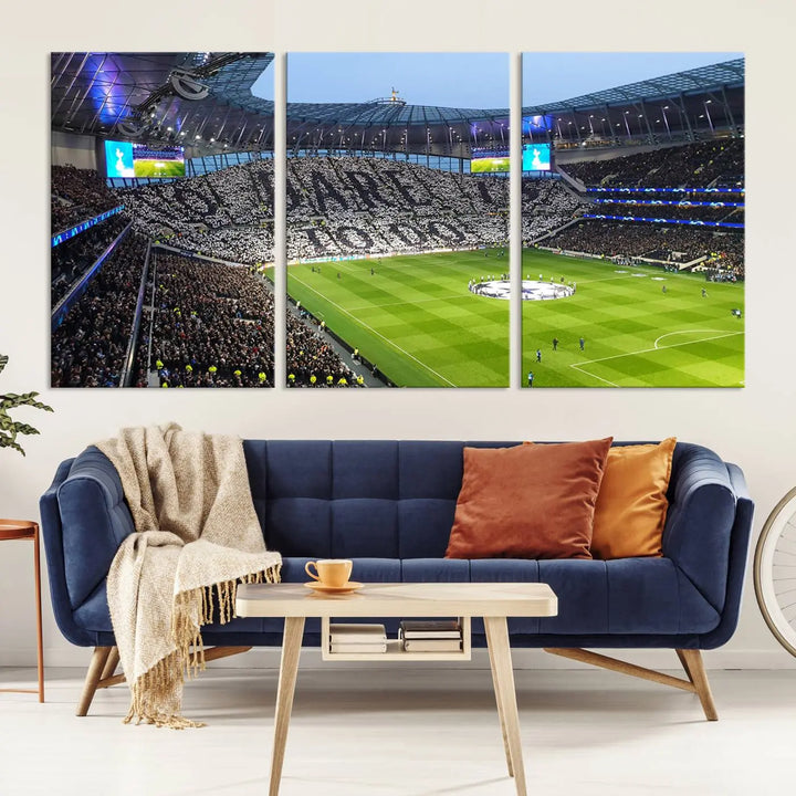 The Tottenham Hotspur Stadium Match Day Triple Canvas Wall Art - Premier League Football perfectly captures a vibrant stadium crowd spelling out "Dare" with cards, overlooking the soccer field. This piece embodies the essence of a true football enthusiast's space, reminiscent of thrilling moments at the Tottenham Hotspur Stadium.