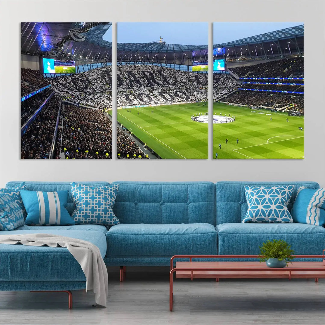 The Tottenham Hotspur Stadium Match Day Triple Canvas Wall Art - Premier League Football perfectly captures a vibrant stadium crowd spelling out "Dare" with cards, overlooking the soccer field. This piece embodies the essence of a true football enthusiast's space, reminiscent of thrilling moments at the Tottenham Hotspur Stadium.