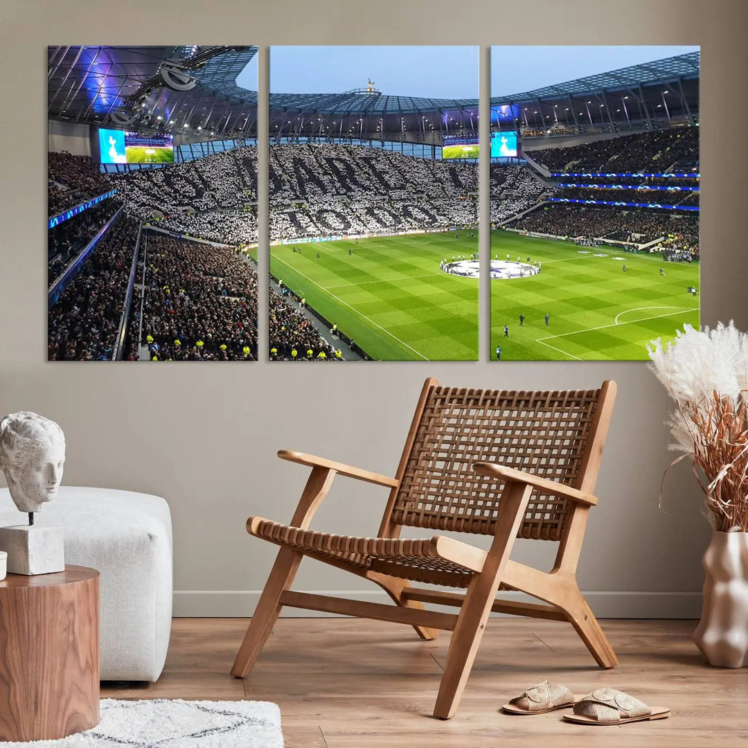 The Tottenham Hotspur Stadium Match Day Triple Canvas Wall Art - Premier League Football perfectly captures a vibrant stadium crowd spelling out "Dare" with cards, overlooking the soccer field. This piece embodies the essence of a true football enthusiast's space, reminiscent of thrilling moments at the Tottenham Hotspur Stadium.