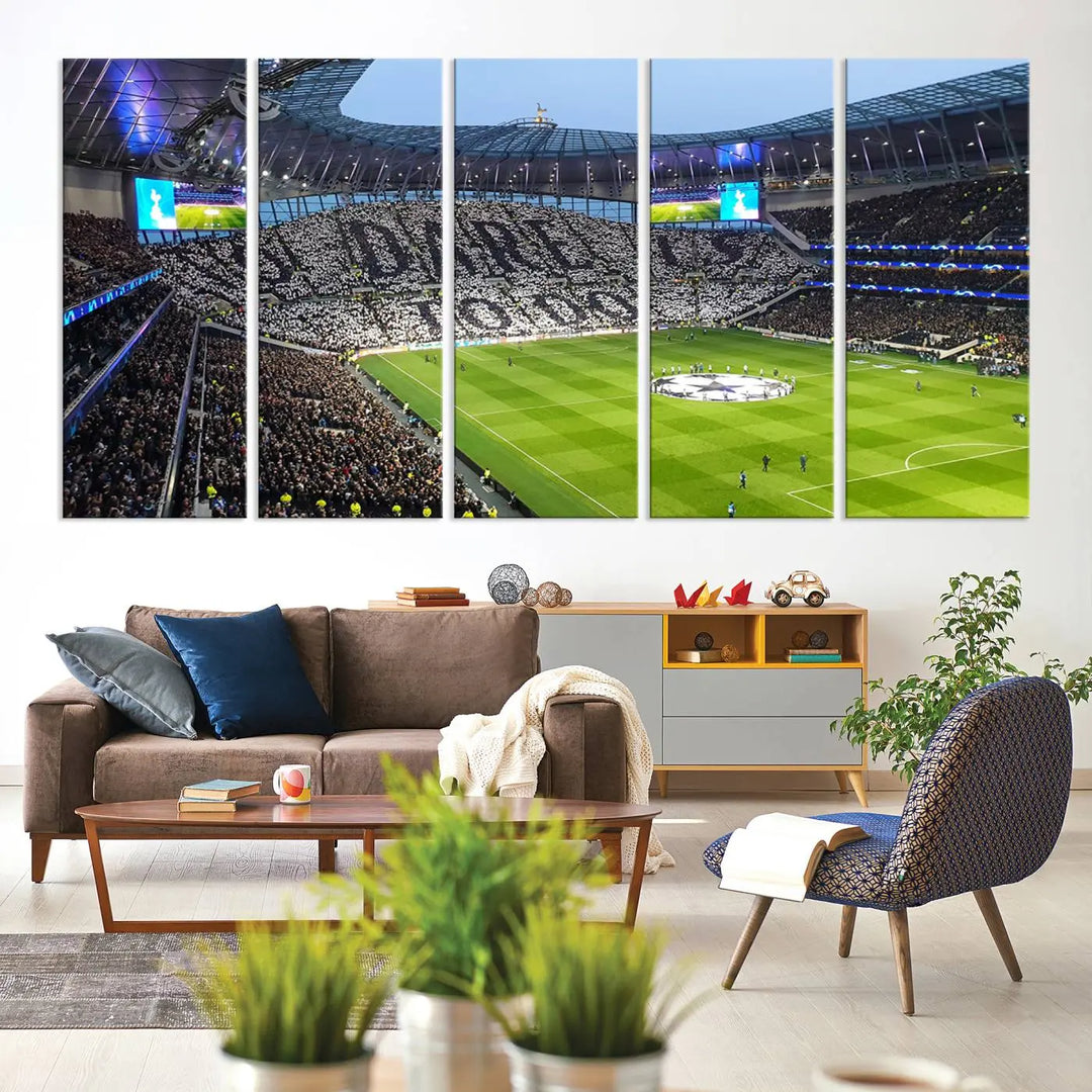 The Tottenham Hotspur Stadium Match Day Triple Canvas Wall Art - Premier League Football perfectly captures a vibrant stadium crowd spelling out "Dare" with cards, overlooking the soccer field. This piece embodies the essence of a true football enthusiast's space, reminiscent of thrilling moments at the Tottenham Hotspur Stadium.