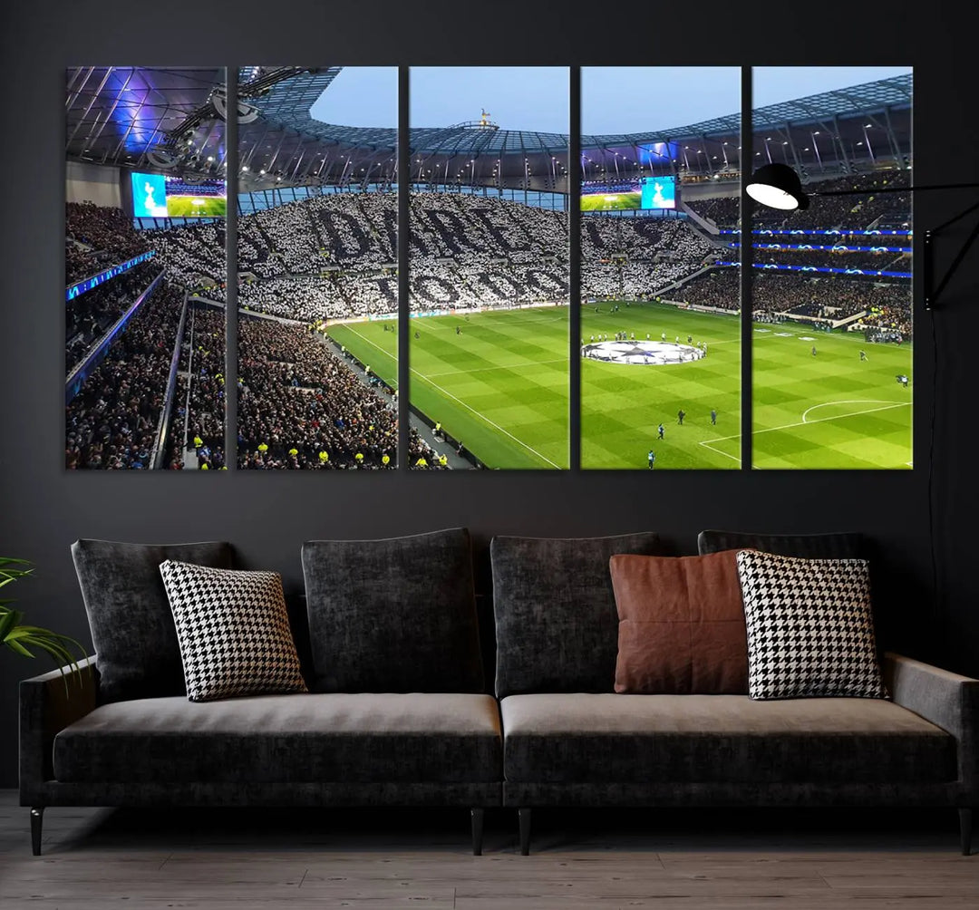 The Tottenham Hotspur Stadium Match Day Triple Canvas Wall Art - Premier League Football perfectly captures a vibrant stadium crowd spelling out "Dare" with cards, overlooking the soccer field. This piece embodies the essence of a true football enthusiast's space, reminiscent of thrilling moments at the Tottenham Hotspur Stadium.