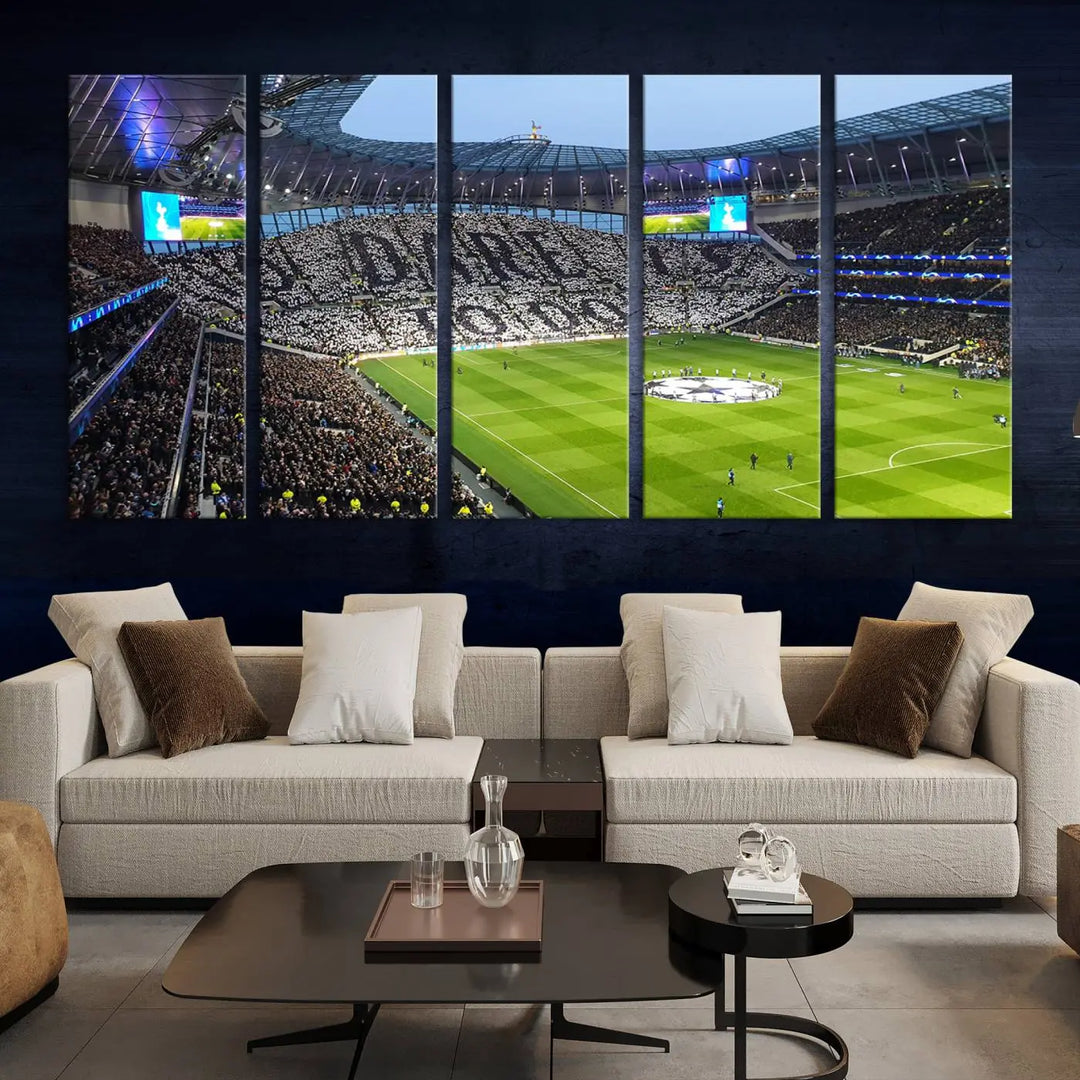 The Tottenham Hotspur Stadium Match Day Triple Canvas Wall Art - Premier League Football perfectly captures a vibrant stadium crowd spelling out "Dare" with cards, overlooking the soccer field. This piece embodies the essence of a true football enthusiast's space, reminiscent of thrilling moments at the Tottenham Hotspur Stadium.