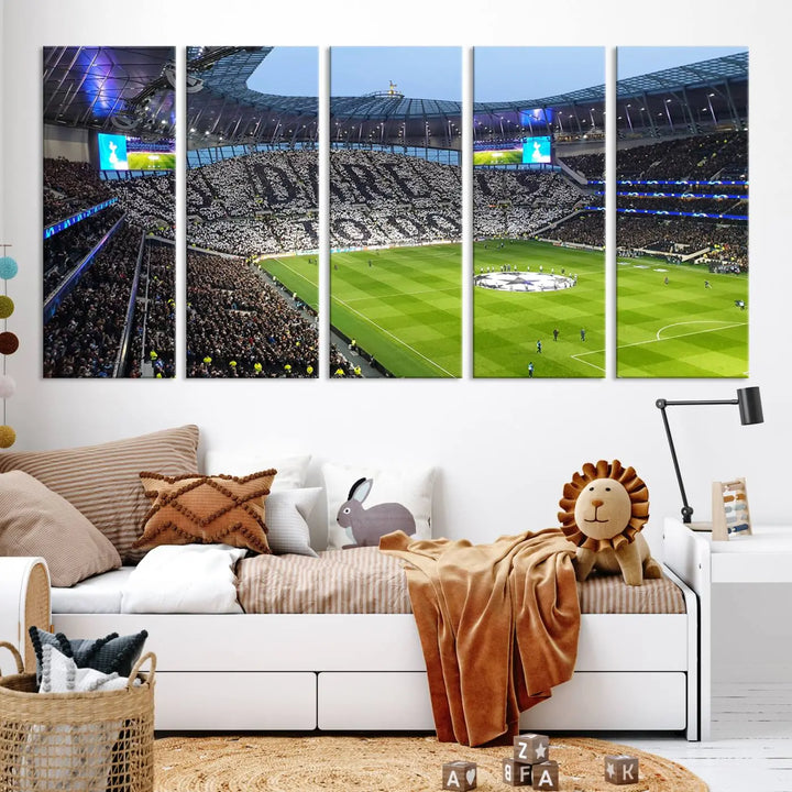 The Tottenham Hotspur Stadium Match Day Triple Canvas Wall Art - Premier League Football perfectly captures a vibrant stadium crowd spelling out "Dare" with cards, overlooking the soccer field. This piece embodies the essence of a true football enthusiast's space, reminiscent of thrilling moments at the Tottenham Hotspur Stadium.