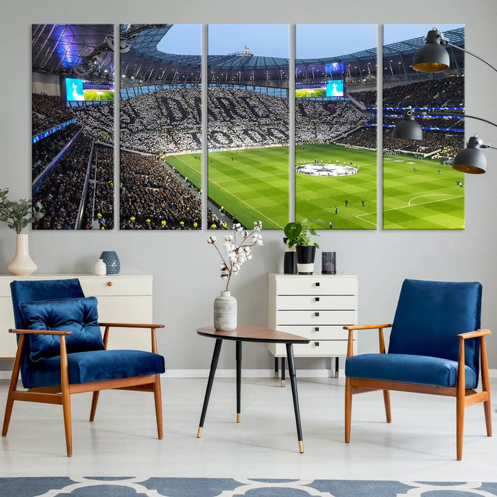 The Tottenham Hotspur Stadium Match Day Triple Canvas Wall Art - Premier League Football perfectly captures a vibrant stadium crowd spelling out "Dare" with cards, overlooking the soccer field. This piece embodies the essence of a true football enthusiast's space, reminiscent of thrilling moments at the Tottenham Hotspur Stadium.