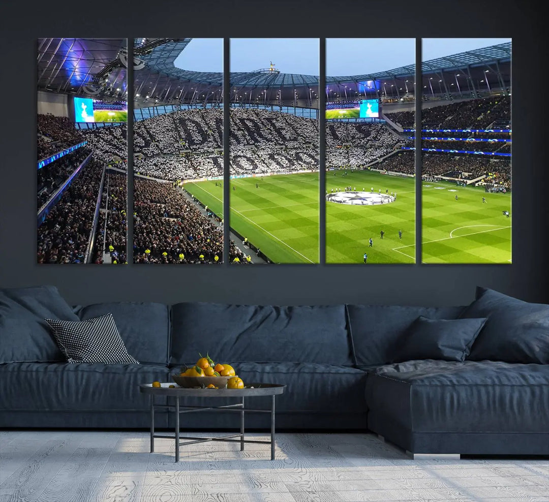 The Tottenham Hotspur Stadium Match Day Triple Canvas Wall Art - Premier League Football perfectly captures a vibrant stadium crowd spelling out "Dare" with cards, overlooking the soccer field. This piece embodies the essence of a true football enthusiast's space, reminiscent of thrilling moments at the Tottenham Hotspur Stadium.