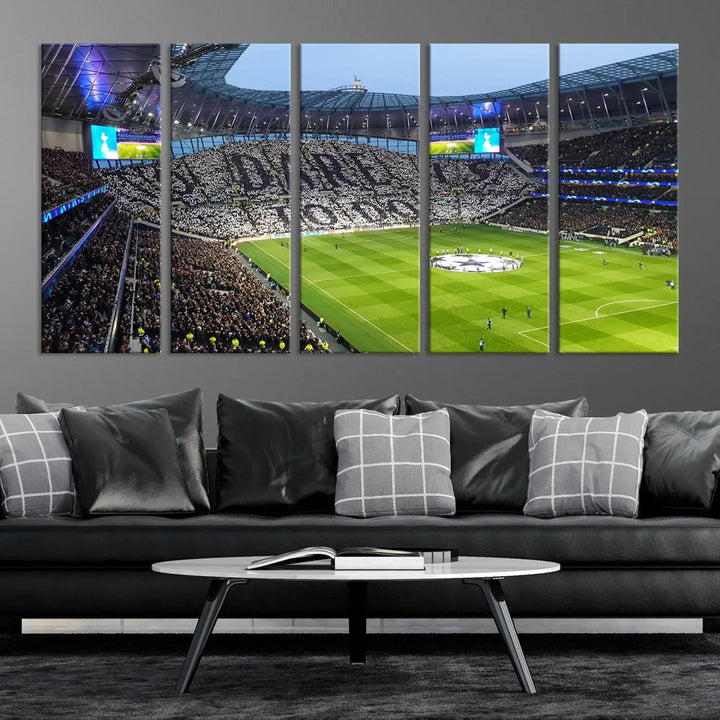 The Tottenham Hotspur Stadium Match Day Triple Canvas Wall Art - Premier League Football perfectly captures a vibrant stadium crowd spelling out "Dare" with cards, overlooking the soccer field. This piece embodies the essence of a true football enthusiast's space, reminiscent of thrilling moments at the Tottenham Hotspur Stadium.