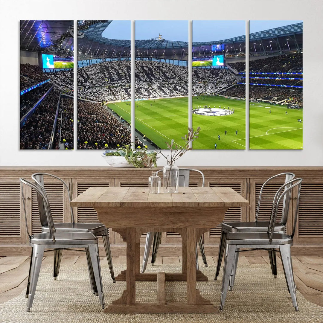 The Tottenham Hotspur Stadium Match Day Triple Canvas Wall Art - Premier League Football perfectly captures a vibrant stadium crowd spelling out "Dare" with cards, overlooking the soccer field. This piece embodies the essence of a true football enthusiast's space, reminiscent of thrilling moments at the Tottenham Hotspur Stadium.