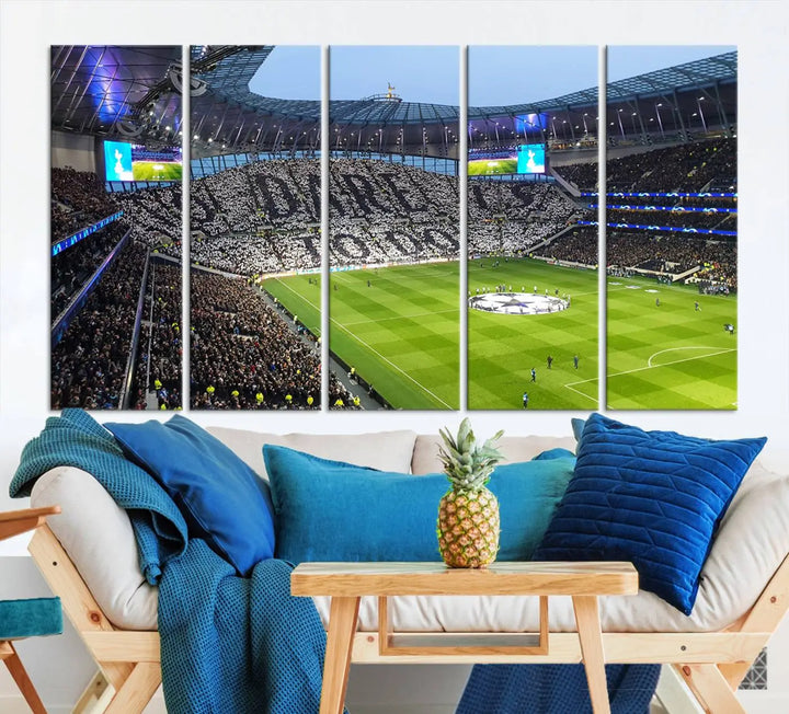 The Tottenham Hotspur Stadium Match Day Triple Canvas Wall Art - Premier League Football perfectly captures a vibrant stadium crowd spelling out "Dare" with cards, overlooking the soccer field. This piece embodies the essence of a true football enthusiast's space, reminiscent of thrilling moments at the Tottenham Hotspur Stadium.