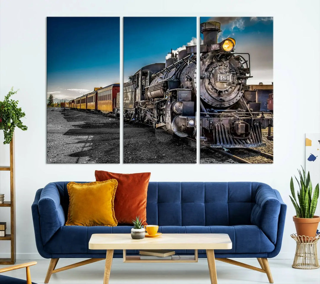 The Train Wall Art Canvas Print, a three-panel piece, is crafted on museum-quality canvases featuring a UV-protective coating.