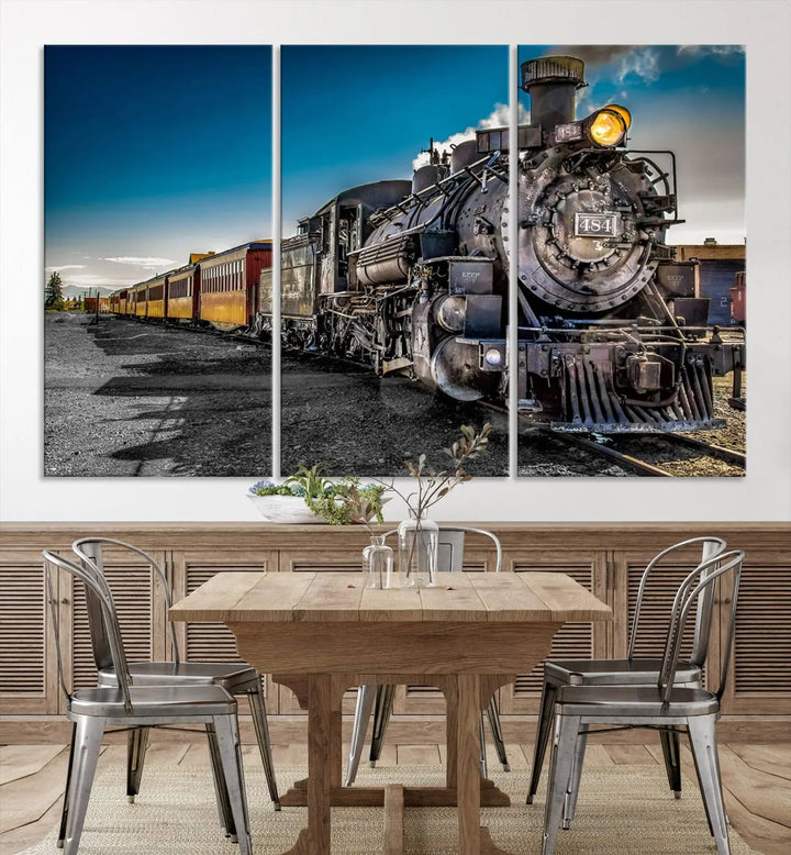 The Train Wall Art Canvas Print, a three-panel piece, is crafted on museum-quality canvases featuring a UV-protective coating.