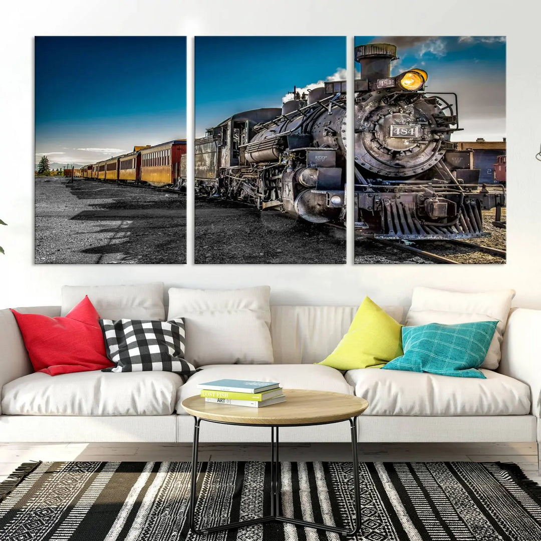 The Train Wall Art Canvas Print, a three-panel piece, is crafted on museum-quality canvases featuring a UV-protective coating.