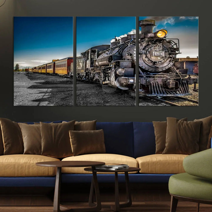 The Train Wall Art Canvas Print, a three-panel piece, is crafted on museum-quality canvases featuring a UV-protective coating.