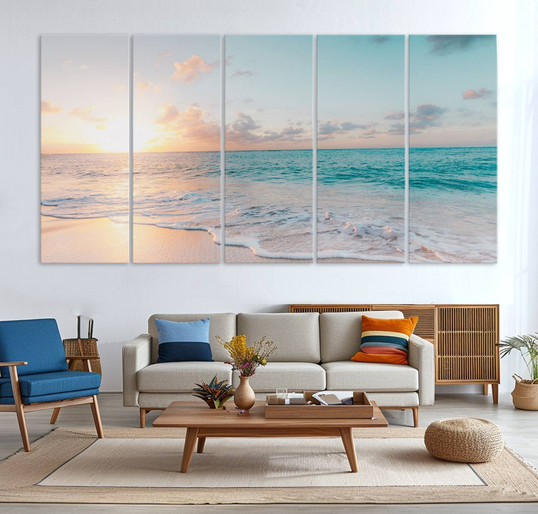 Tranquil Ocean Beach Sunset Canvas Wall Art | 3-Panel Coastal Decor