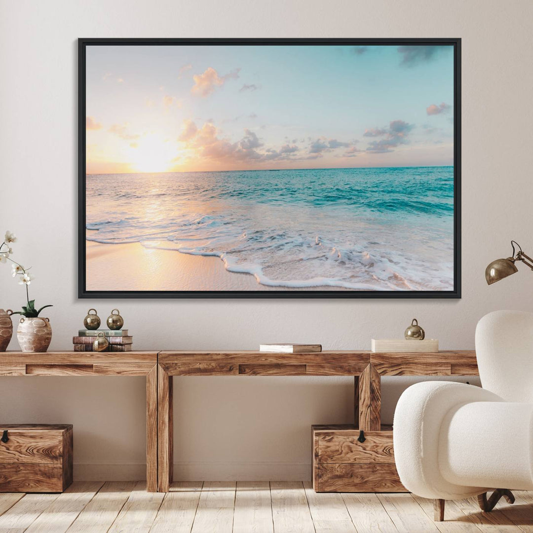 Tranquil Ocean Beach Sunset Canvas Wall Art | 3-Panel Coastal Decor
