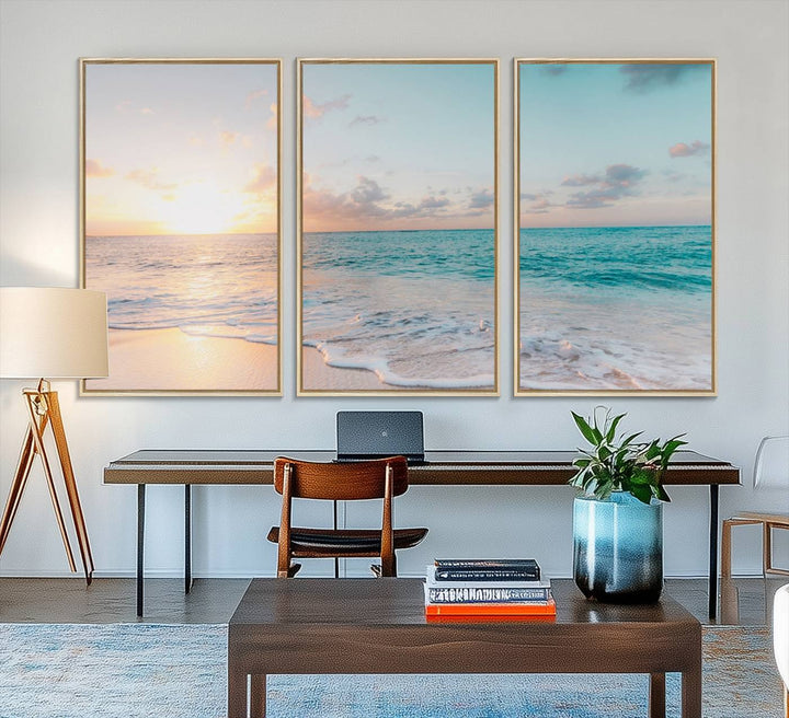 49620-MGV-FC-48X32-3P_Natural-Tranquil Ocean Beach Sunset Canvas Wall Art | 3-Panel Coastal Decor