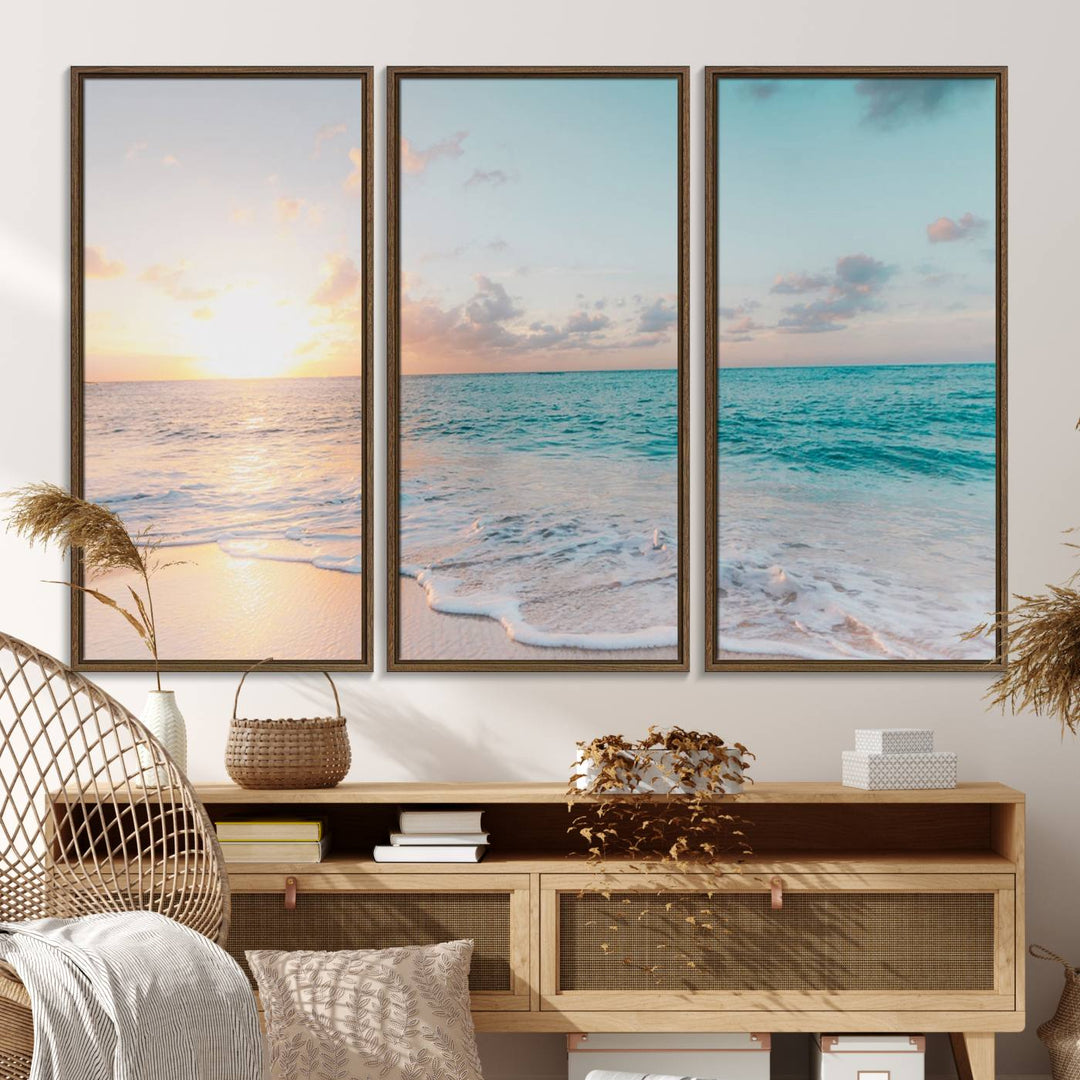 49620-MGV-FC-48X32-3P_Walnut-Tranquil Ocean Beach Sunset Canvas Wall Art | 3-Panel Coastal Decor