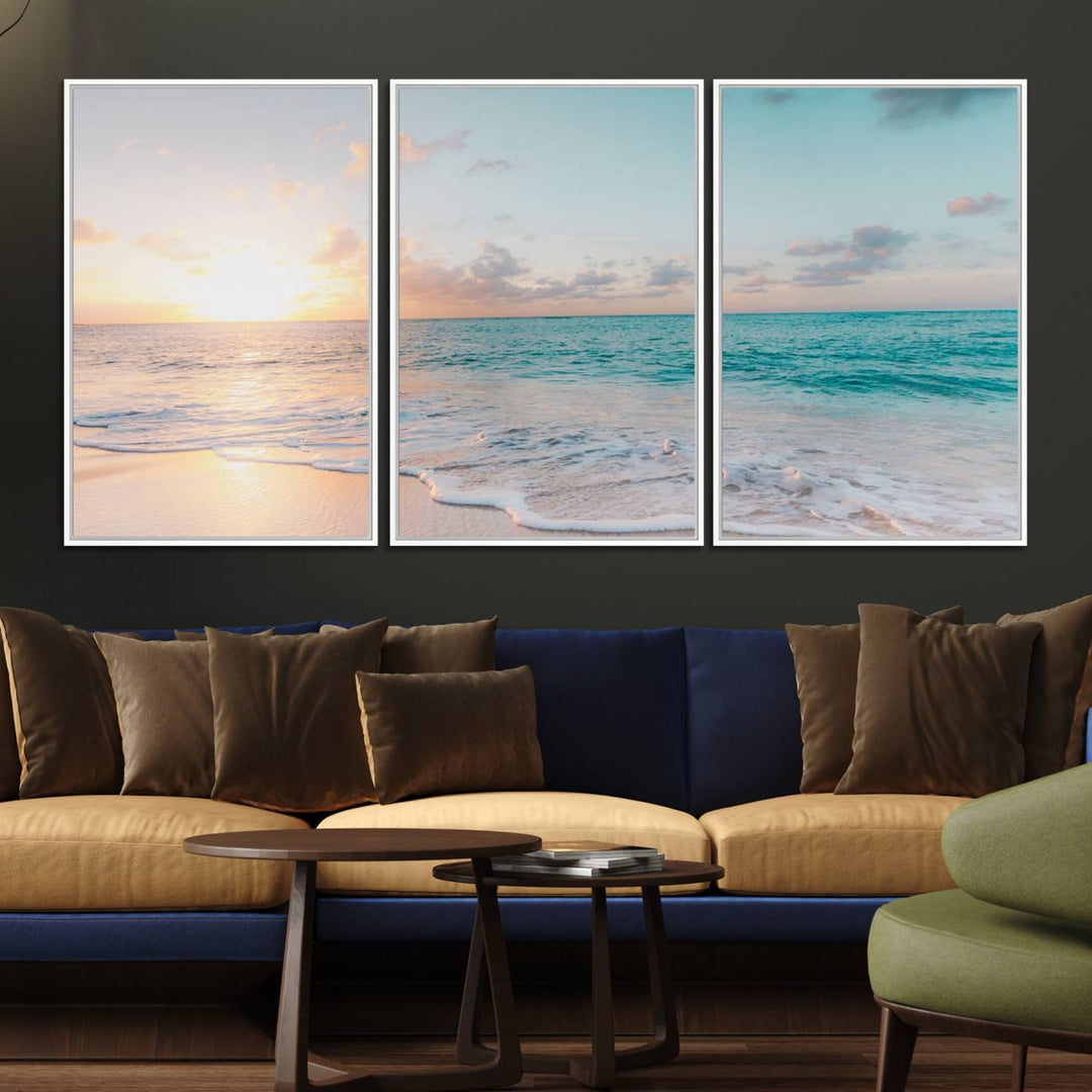 49620-MGV-FC-60X30-3P_White-Tranquil Ocean Beach Sunset Canvas Wall Art | 3-Panel Coastal Decor