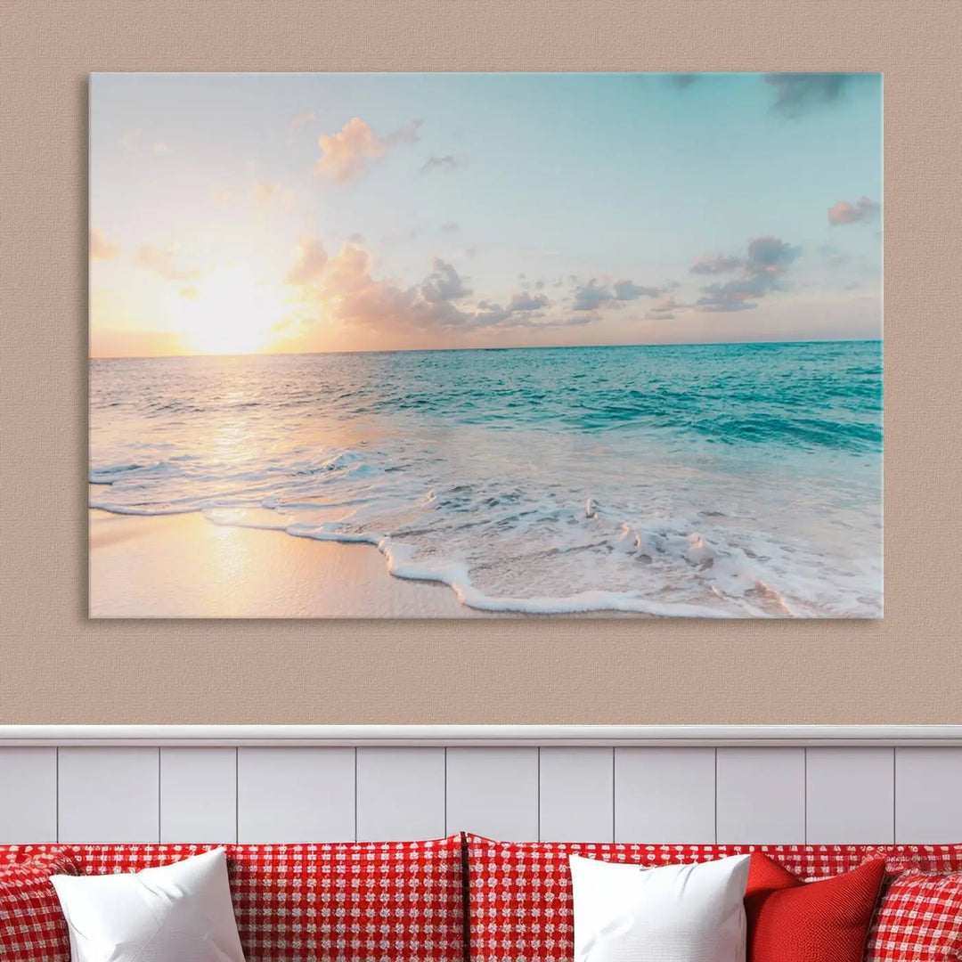 A Tranquil Ocean Beach Sunset Canvas Wall Art, featuring a 3-panel coastal design, exudes elegance in the room.