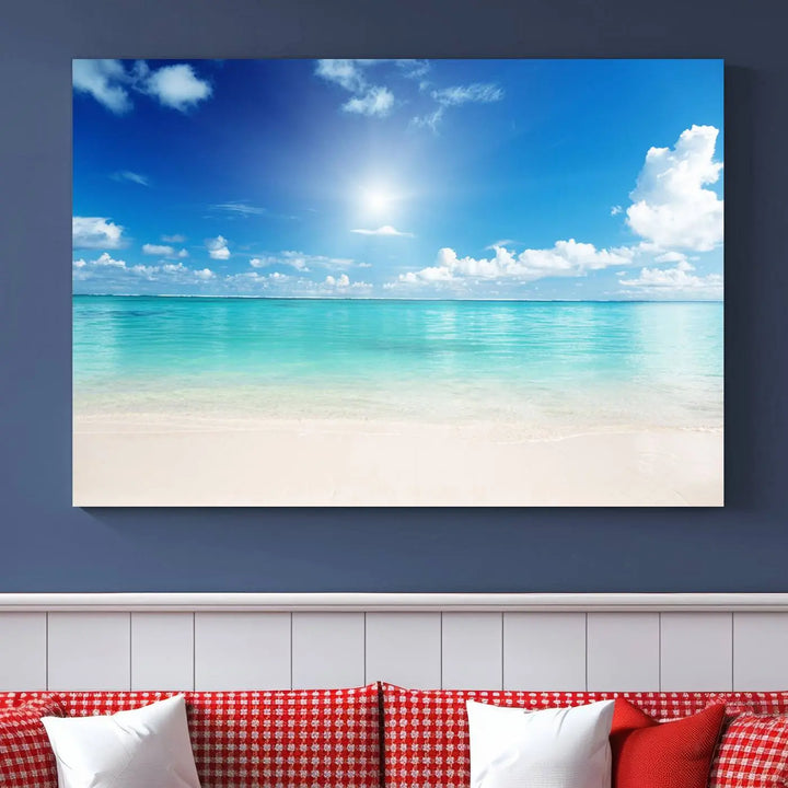 A serene living room is adorned with beach-themed artwork, featuring the Tranquil Ocean Paradise Triptych Wall Art that creates a soothing atmosphere. The neutral decor perfectly enhances the coastal retreat ambiance.