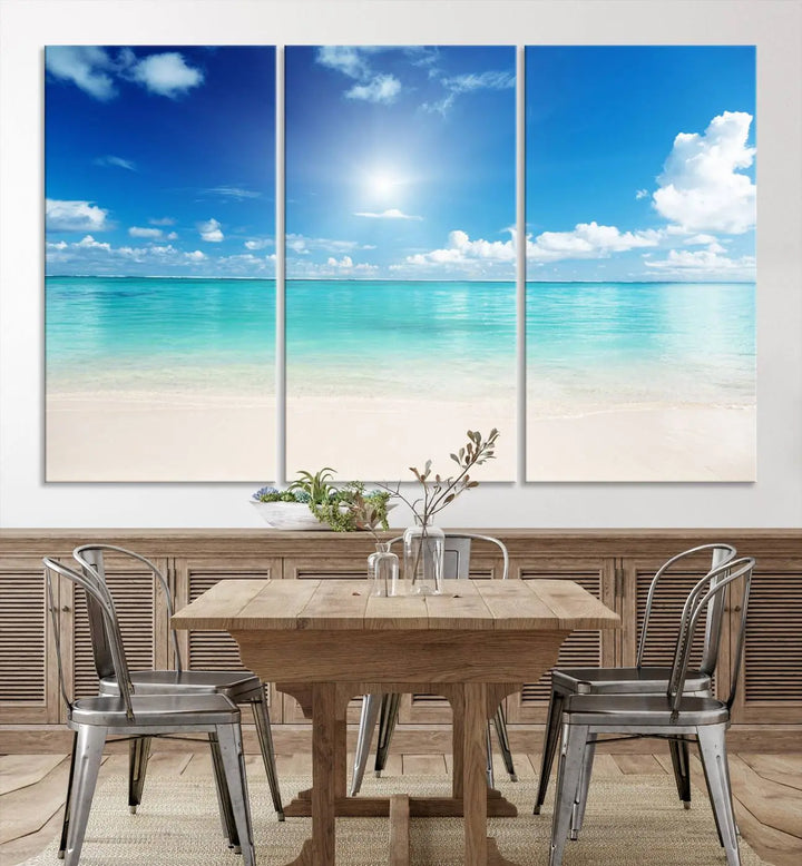 A serene living room is adorned with beach-themed artwork, featuring the Tranquil Ocean Paradise Triptych Wall Art that creates a soothing atmosphere. The neutral decor perfectly enhances the coastal retreat ambiance.