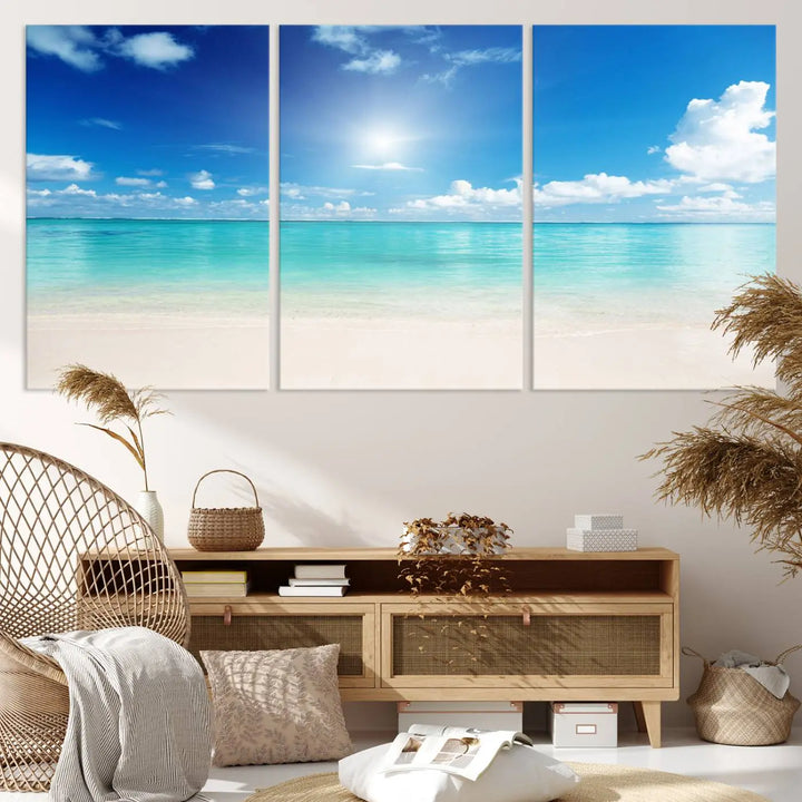 A serene living room is adorned with beach-themed artwork, featuring the Tranquil Ocean Paradise Triptych Wall Art that creates a soothing atmosphere. The neutral decor perfectly enhances the coastal retreat ambiance.