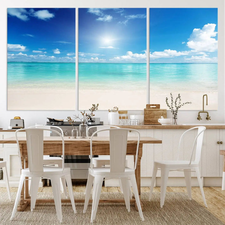 A serene living room is adorned with beach-themed artwork, featuring the Tranquil Ocean Paradise Triptych Wall Art that creates a soothing atmosphere. The neutral decor perfectly enhances the coastal retreat ambiance.