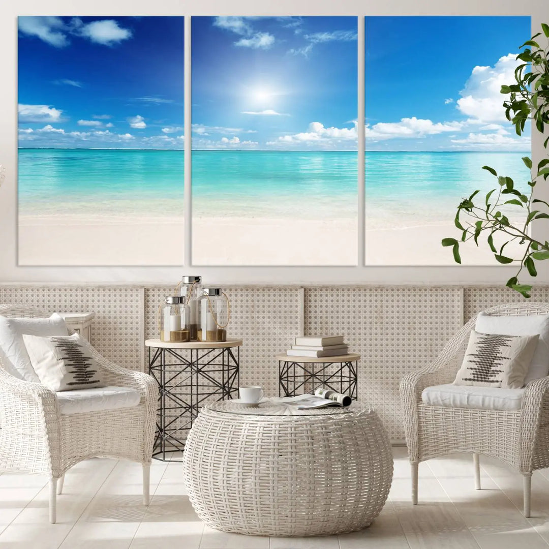 A serene living room is adorned with beach-themed artwork, featuring the Tranquil Ocean Paradise Triptych Wall Art that creates a soothing atmosphere. The neutral decor perfectly enhances the coastal retreat ambiance.