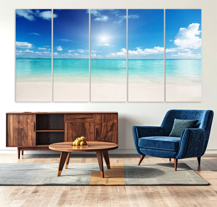 A serene living room is adorned with beach-themed artwork, featuring the Tranquil Ocean Paradise Triptych Wall Art that creates a soothing atmosphere. The neutral decor perfectly enhances the coastal retreat ambiance.