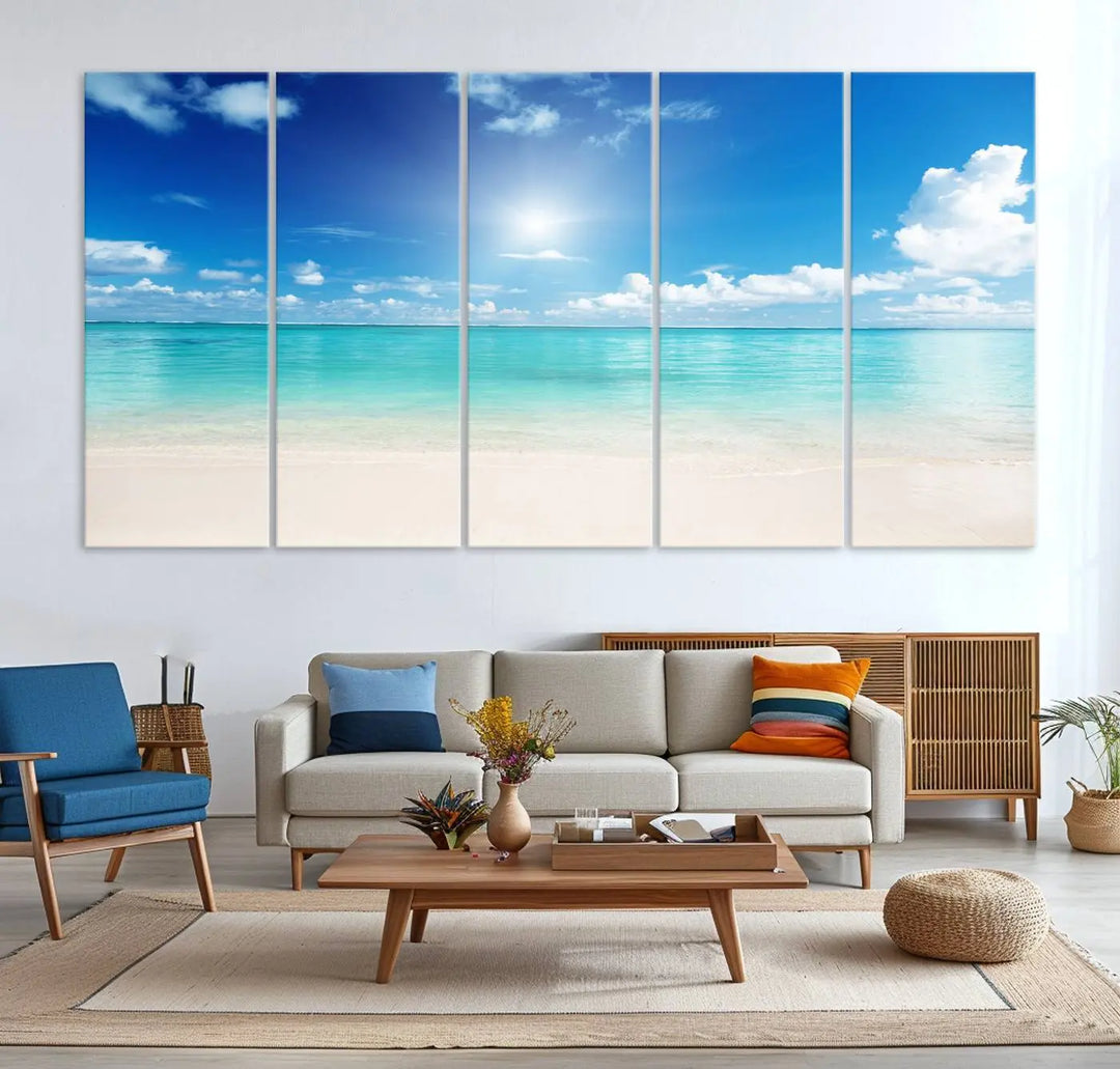 A serene living room is adorned with beach-themed artwork, featuring the Tranquil Ocean Paradise Triptych Wall Art that creates a soothing atmosphere. The neutral decor perfectly enhances the coastal retreat ambiance.