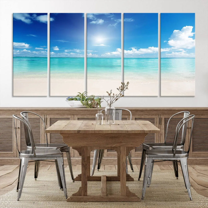 A serene living room is adorned with beach-themed artwork, featuring the Tranquil Ocean Paradise Triptych Wall Art that creates a soothing atmosphere. The neutral decor perfectly enhances the coastal retreat ambiance.