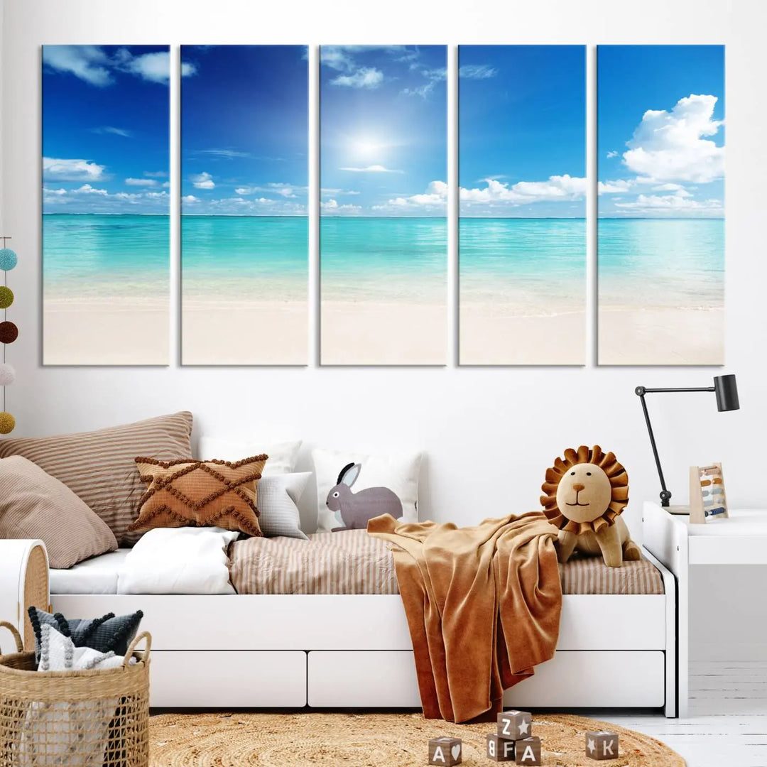 A serene living room is adorned with beach-themed artwork, featuring the Tranquil Ocean Paradise Triptych Wall Art that creates a soothing atmosphere. The neutral decor perfectly enhances the coastal retreat ambiance.