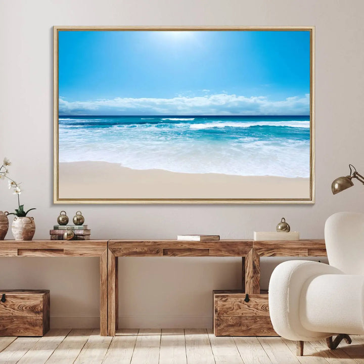 The Tranquil Ocean Waves Canvas Wall Art is displayed against a light wooden wall.