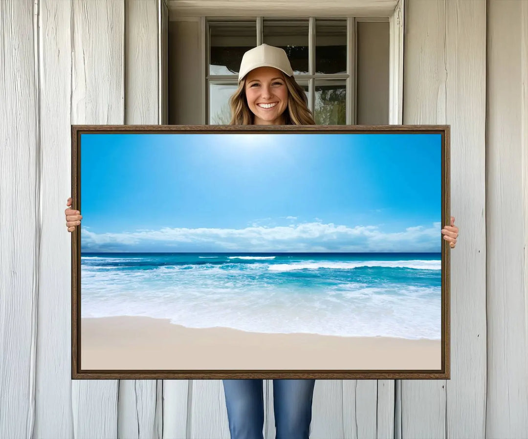 The Tranquil Ocean Waves Canvas Wall Art is displayed against a light wooden wall.