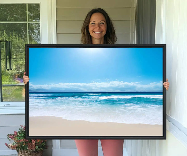 The Tranquil Ocean Waves Canvas Wall Art is displayed against a light wooden wall.