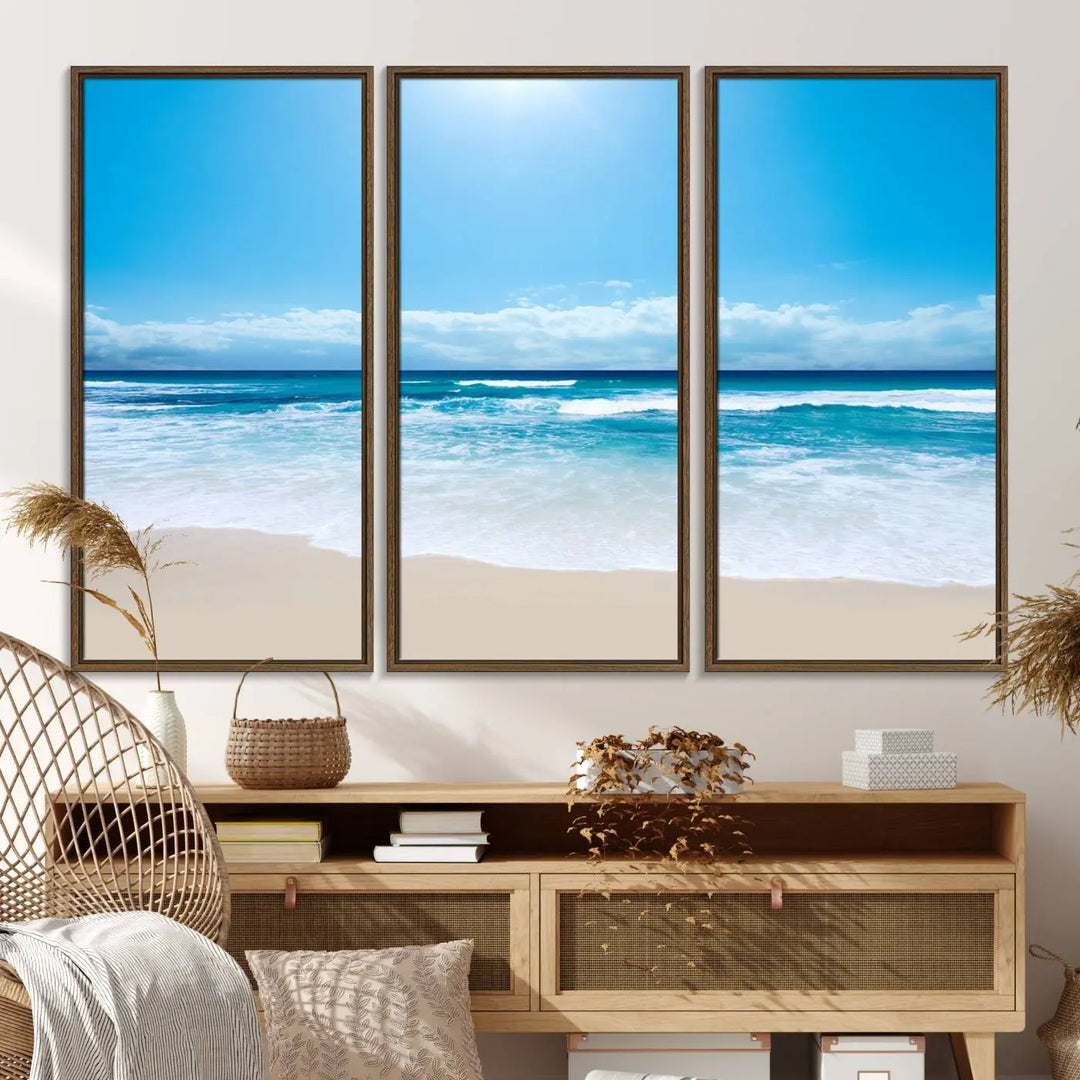 The Tranquil Ocean Waves Canvas Wall Art is displayed against a light wooden wall.