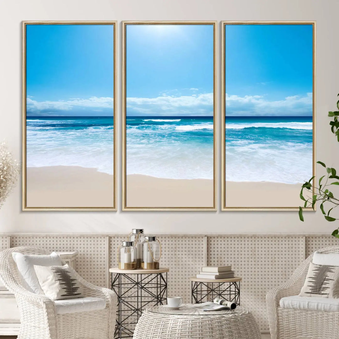 The Tranquil Ocean Waves Canvas Wall Art is displayed against a light wooden wall.