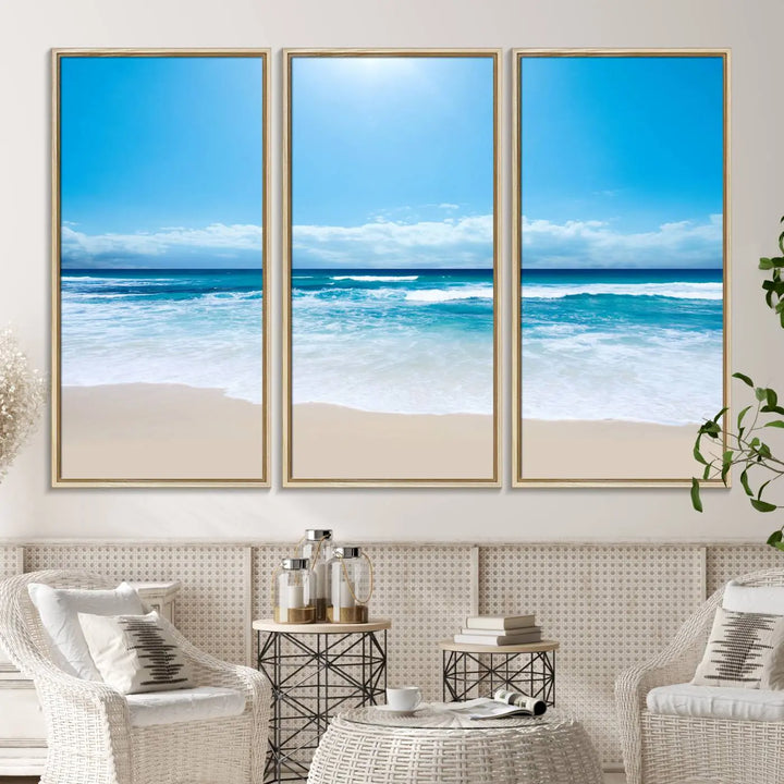 The Tranquil Ocean Waves Canvas Wall Art is displayed against a light wooden wall.