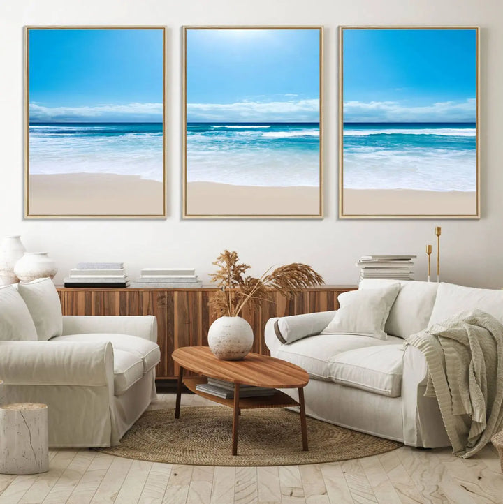The Tranquil Ocean Waves Canvas Wall Art is displayed against a light wooden wall.