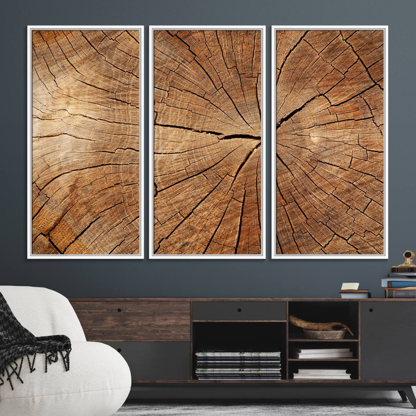 61710-MGV-FC-48X32-3P_White-Tree Ring Canvas Art, Rustic Wood Grain Wall Art, Tree Slice Decor for Modern Homes, Giclee Multi-Panel Print, Tree Ring Wall Art Set