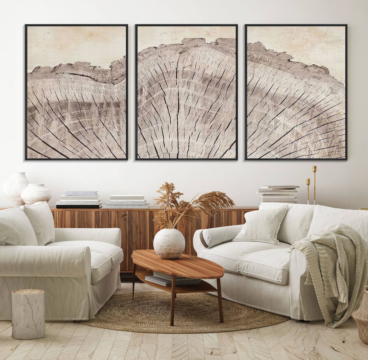 67528-MGV-FC-60X30-3P_Black-Tree Ring Wall Art Triptych, Rustic Wood Ring Canvas Print, Minimalist Wall Decor for Modern Homes and Farmhouse Decor