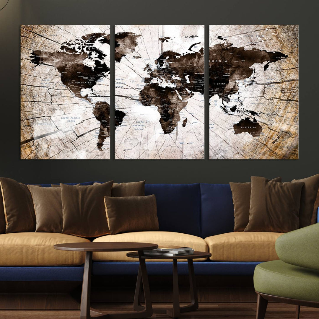Tree Ring World Map Wall Art Canvas | 3 Panel Large Canvas Print of Rustic Tree Slice Map | Framed Gallery Wrap for Living Room, Office or