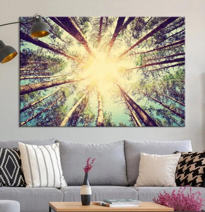 The "Tree and Sunshine" canvas print, depicting towering trees viewed from below with sunlight filtering through, is crafted on museum-quality canvas. Each piece is gallery wrapped and features a UV-protective coating to maintain its vibrant hues.