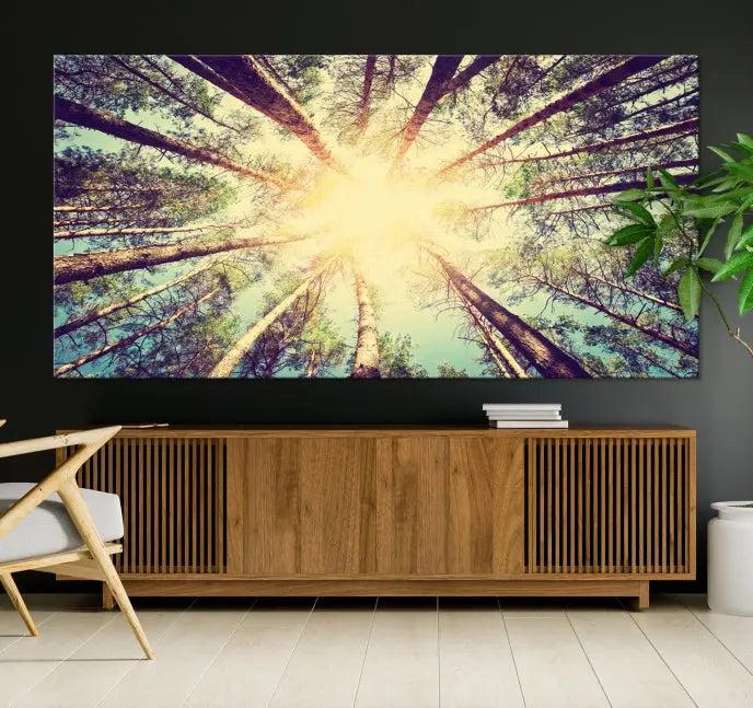 The "Tree and Sunshine" canvas print, depicting towering trees viewed from below with sunlight filtering through, is crafted on museum-quality canvas. Each piece is gallery wrapped and features a UV-protective coating to maintain its vibrant hues.