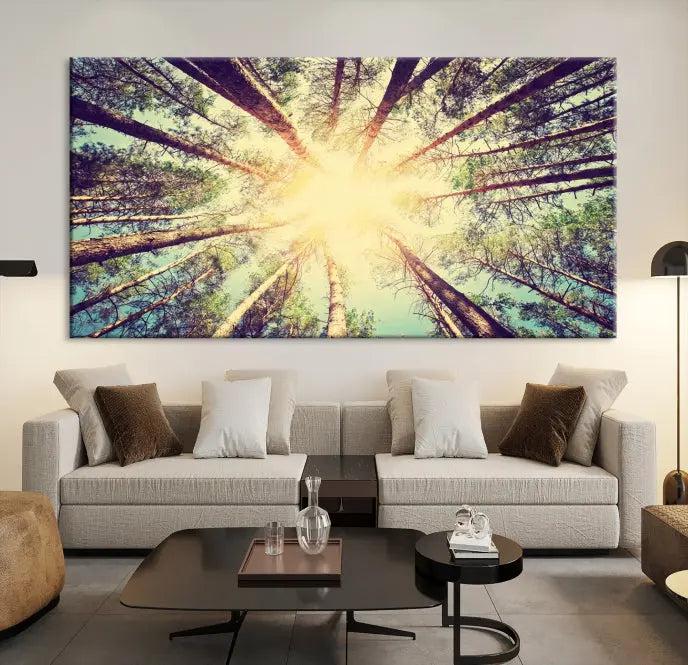 The "Tree and Sunshine" canvas print, depicting towering trees viewed from below with sunlight filtering through, is crafted on museum-quality canvas. Each piece is gallery wrapped and features a UV-protective coating to maintain its vibrant hues.