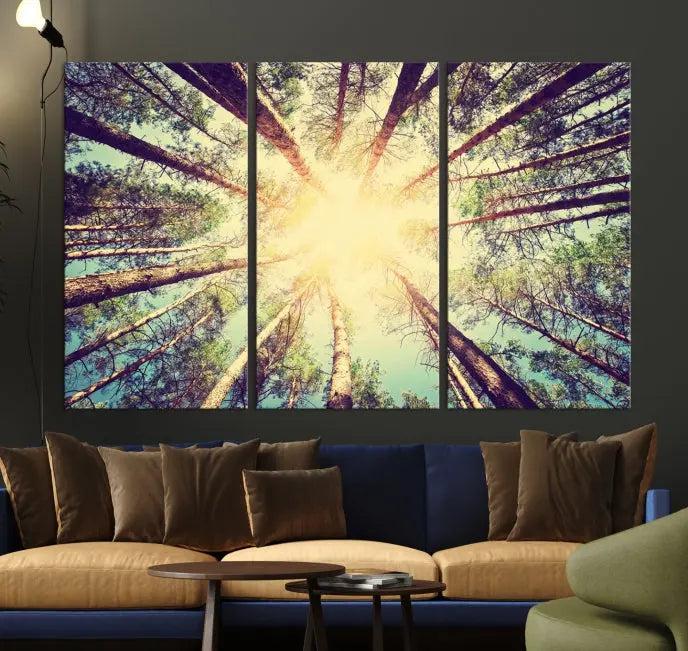 The "Tree and Sunshine" canvas print, depicting towering trees viewed from below with sunlight filtering through, is crafted on museum-quality canvas. Each piece is gallery wrapped and features a UV-protective coating to maintain its vibrant hues.