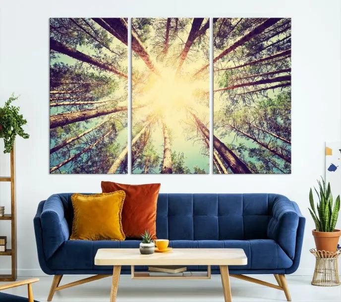 The "Tree and Sunshine" canvas print, depicting towering trees viewed from below with sunlight filtering through, is crafted on museum-quality canvas. Each piece is gallery wrapped and features a UV-protective coating to maintain its vibrant hues.