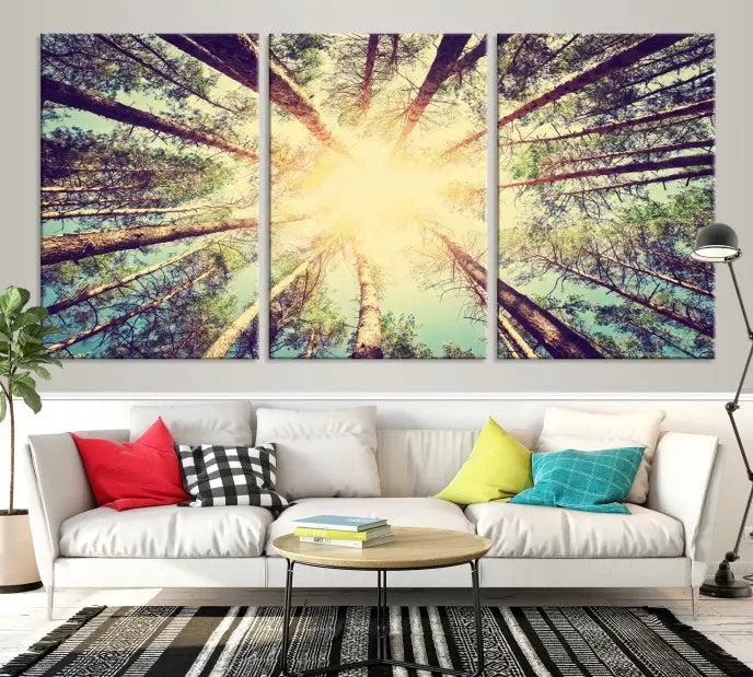 The "Tree and Sunshine" canvas print, depicting towering trees viewed from below with sunlight filtering through, is crafted on museum-quality canvas. Each piece is gallery wrapped and features a UV-protective coating to maintain its vibrant hues.