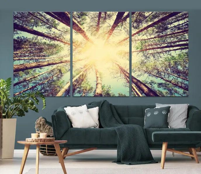 The "Tree and Sunshine" canvas print, depicting towering trees viewed from below with sunlight filtering through, is crafted on museum-quality canvas. Each piece is gallery wrapped and features a UV-protective coating to maintain its vibrant hues.