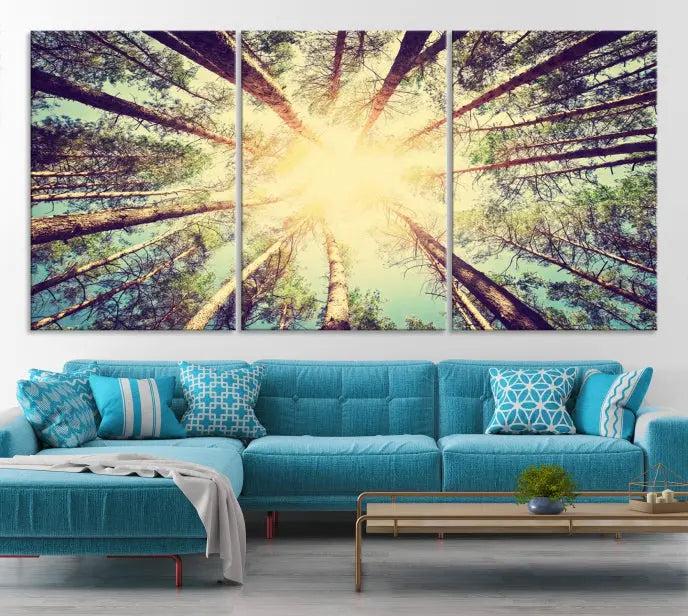 The "Tree and Sunshine" canvas print, depicting towering trees viewed from below with sunlight filtering through, is crafted on museum-quality canvas. Each piece is gallery wrapped and features a UV-protective coating to maintain its vibrant hues.